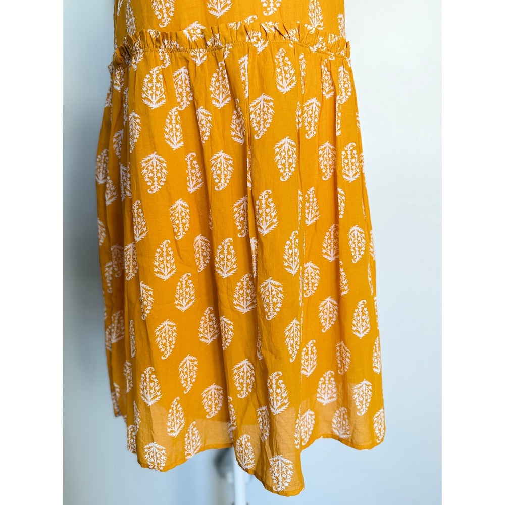 Lucky Mustard Yellow Ruffle Neck Sleeveless Block Print Mini Dress‎ Leaf Size S - Picture 8 of 13